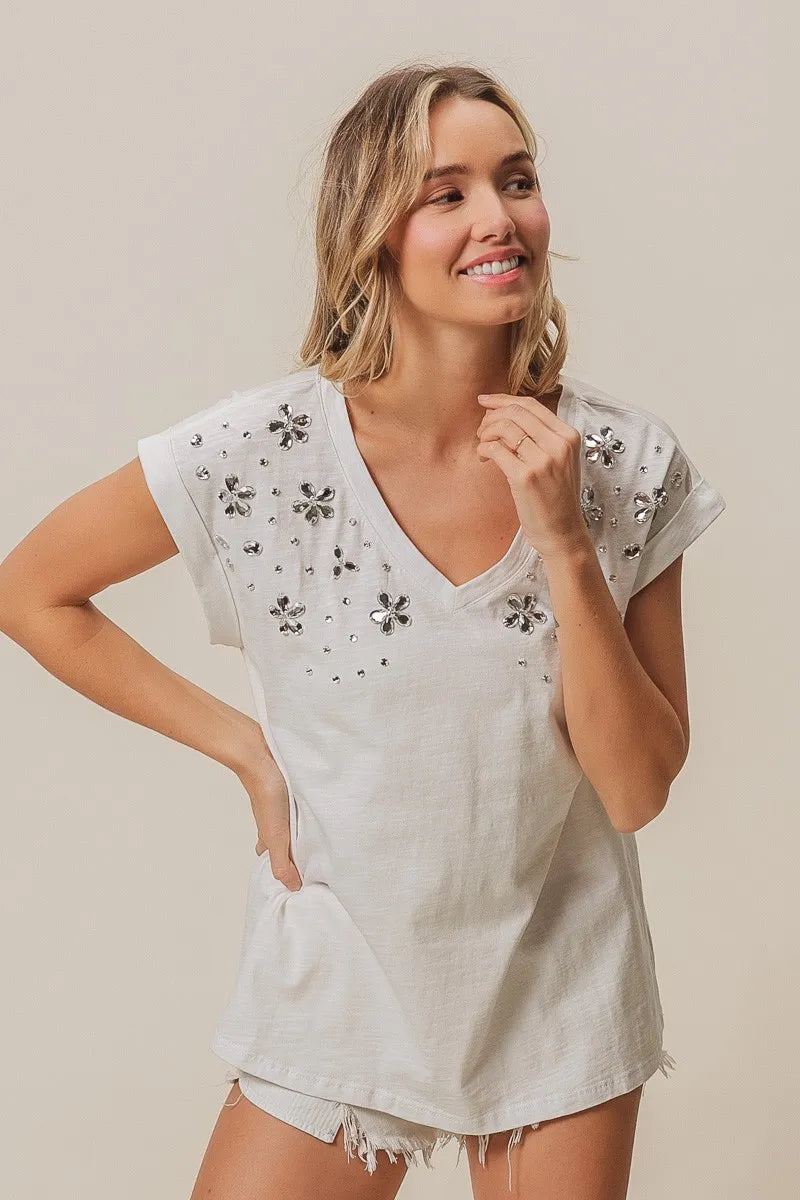 BiBi Slub Jersey Rhinestone V Neck Top OutfitFlow