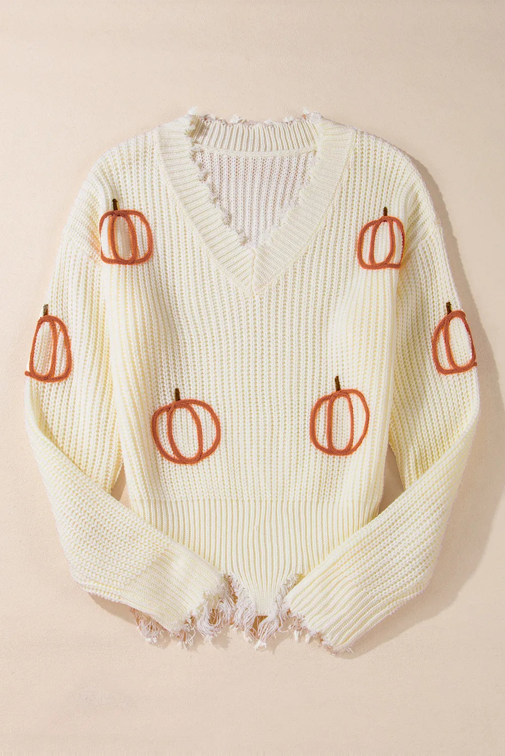 Raw Hem Pumpkin V-Neck Long Sleeve Sweater OutfitFlow