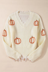 Raw Hem Pumpkin V-Neck Long Sleeve Sweater OutfitFlow