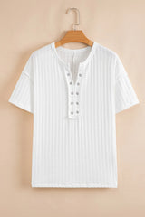 Textured Hollow Grommet Placket Split Neck Short Sleeve Top OutfitFlow