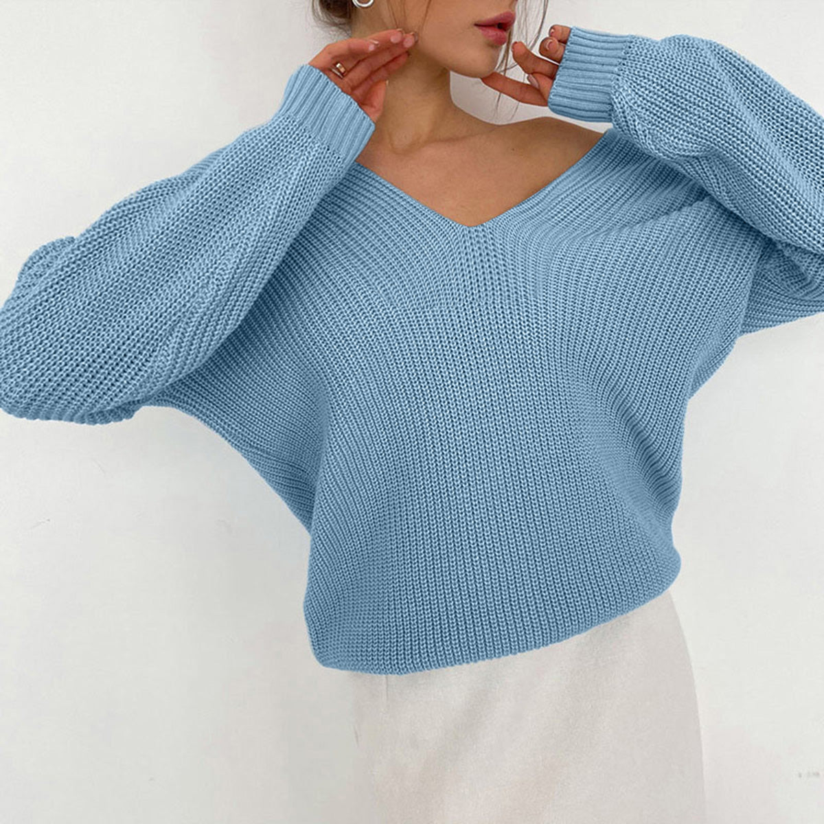 V-Neck Dropped Shoulder Long Sleeve Sweater