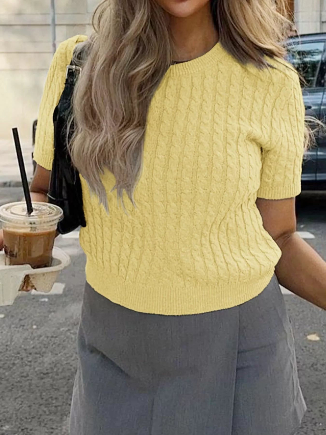 Cable-Knit Short Sleeve Sweater Trendsi