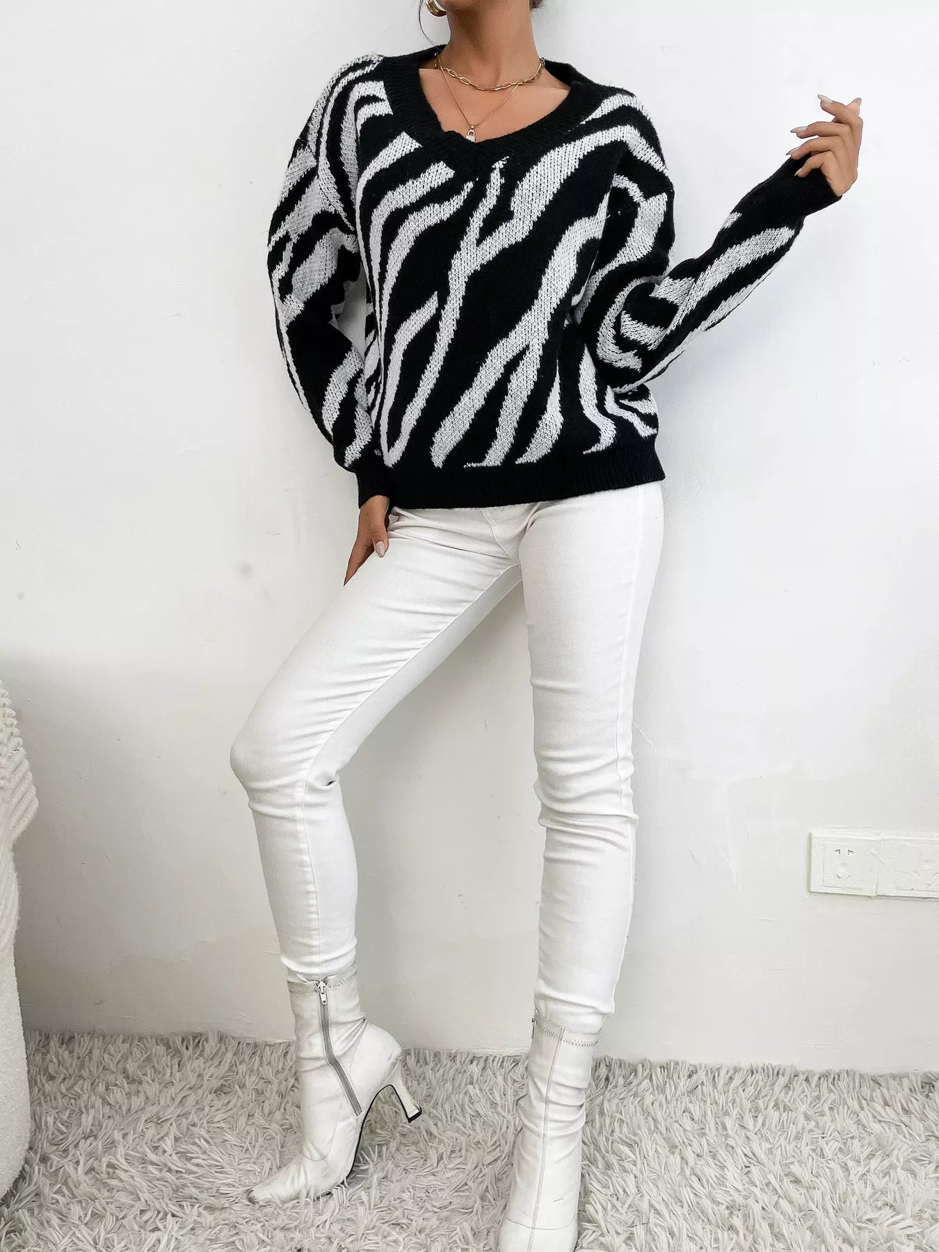 Zebra Print Relaxed Fit Pullover Sweater OutfitFlow