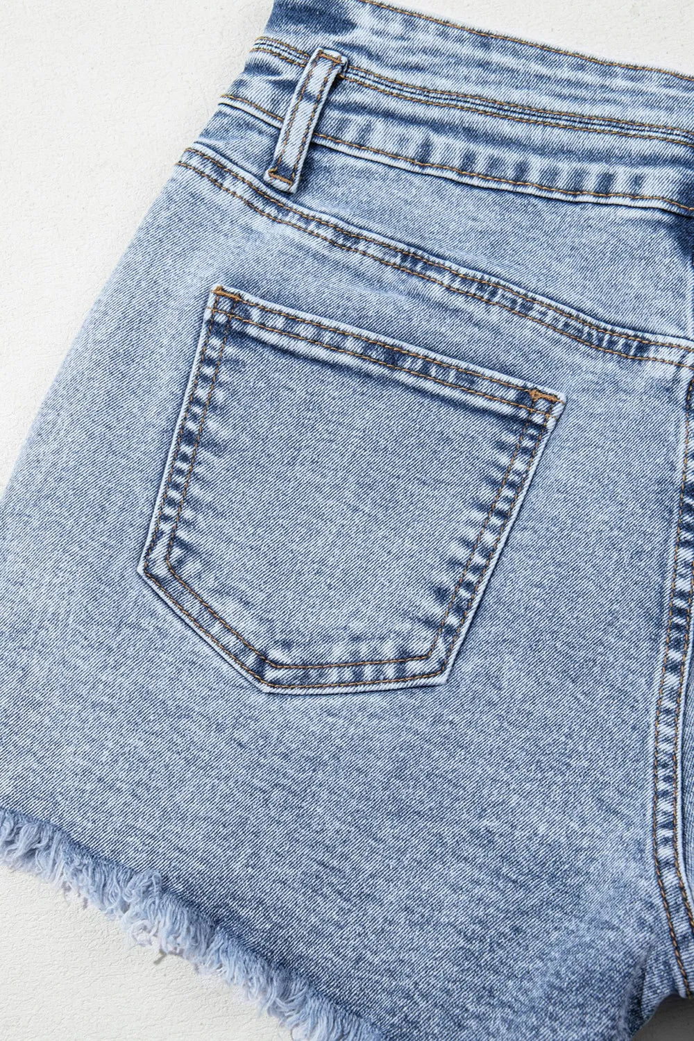 Rhinestone Light Wash Raw Hem High Waist Denim Shorts OutfitFlow