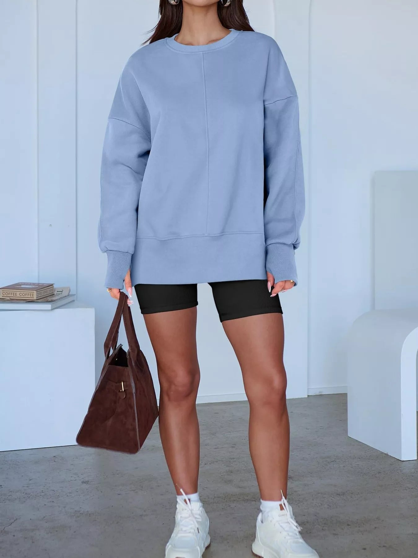 Side Slit Round Neck Long Sleeve Sweatshirt OutfitFlow