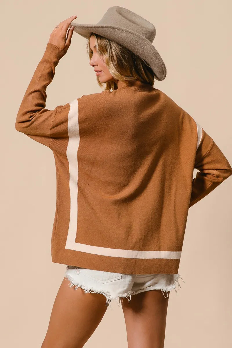 BiBi Mock Neck Sweater with Leopard Pocket OutfitFlow