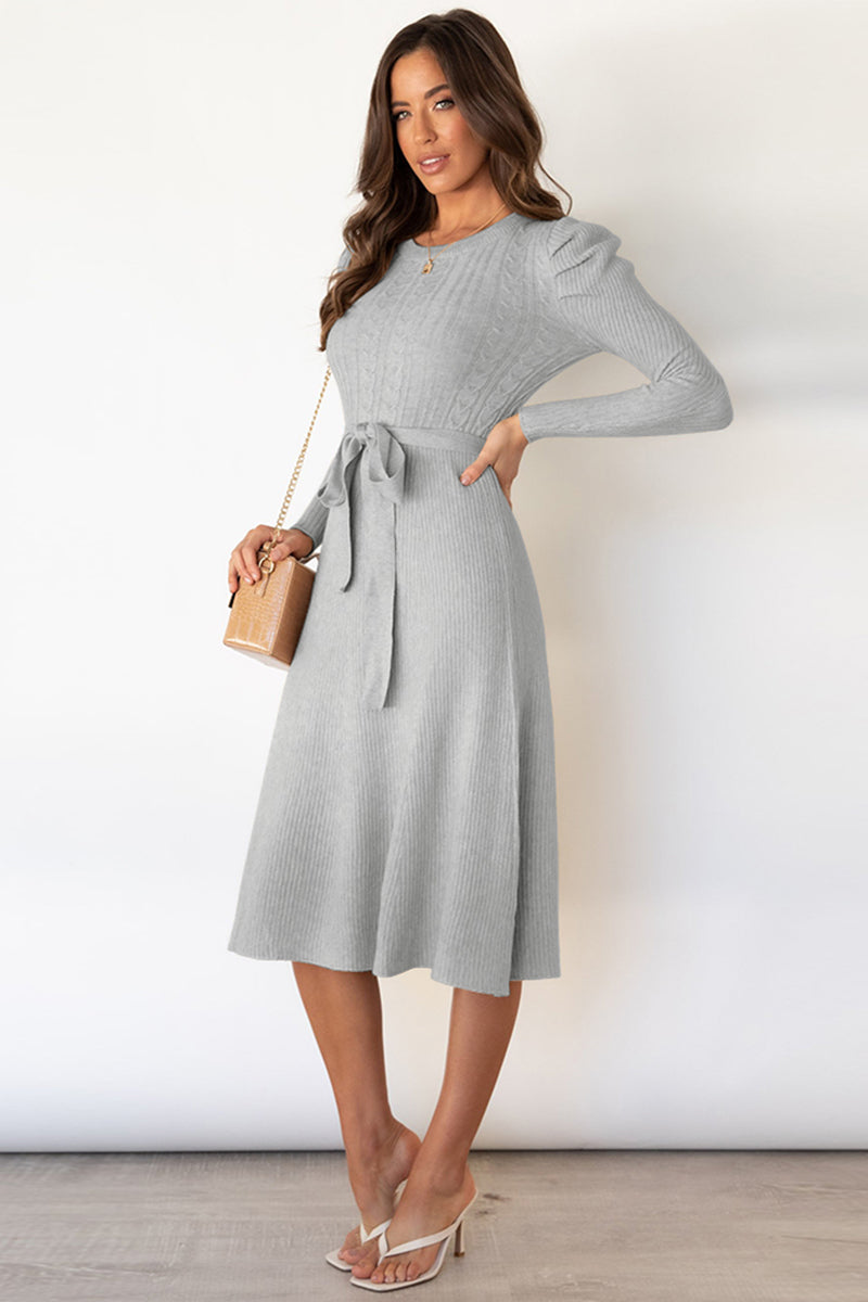 Outfit Flow - Round Neck Long Sleeve Tie Waist Sweater Dress