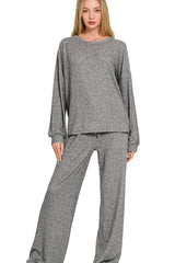 Zenana Soft Melange Hacci Long Slv Tee & Pants Set OutfitFlow