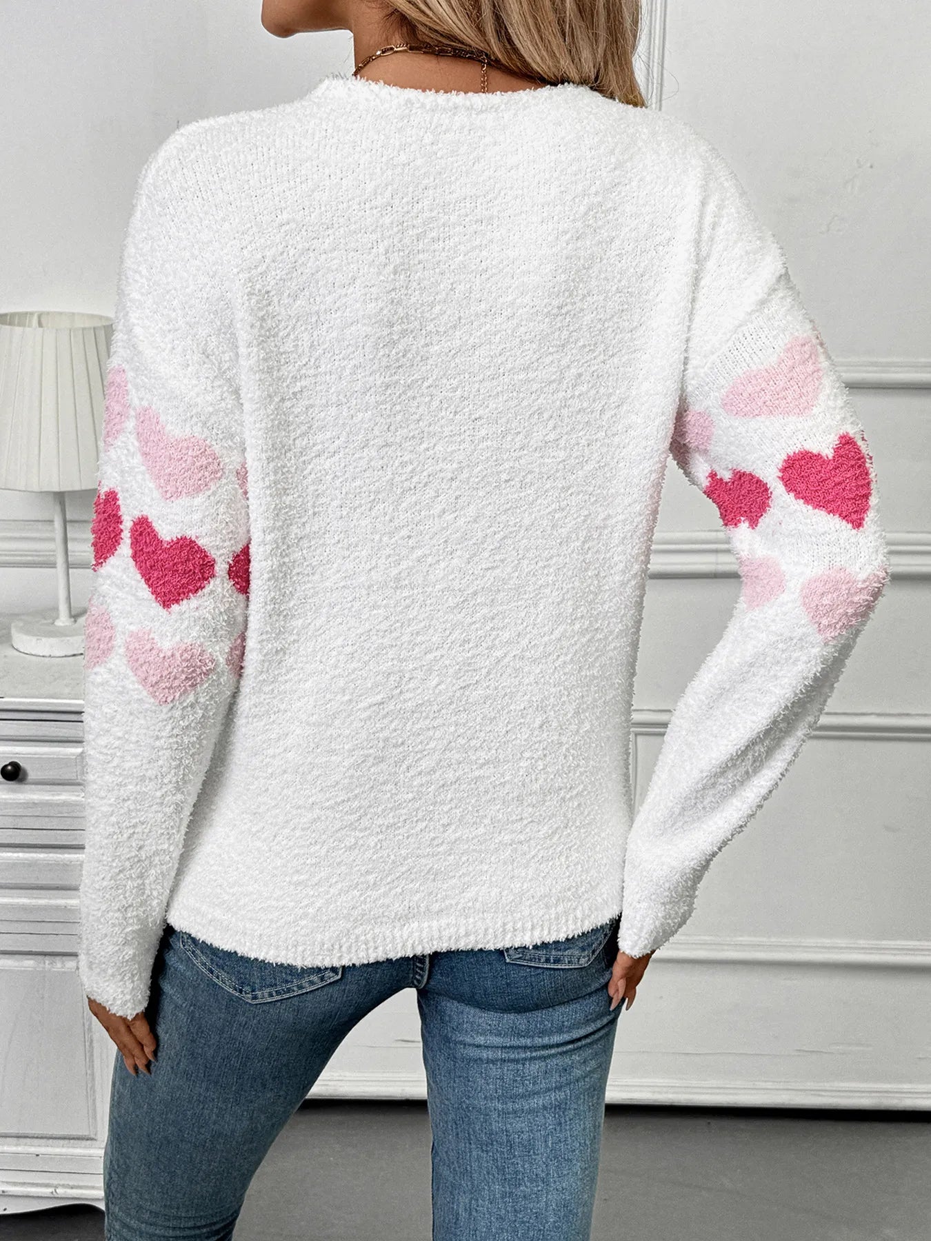 Heart Pattern V-Neck Sweater OutfitFlow