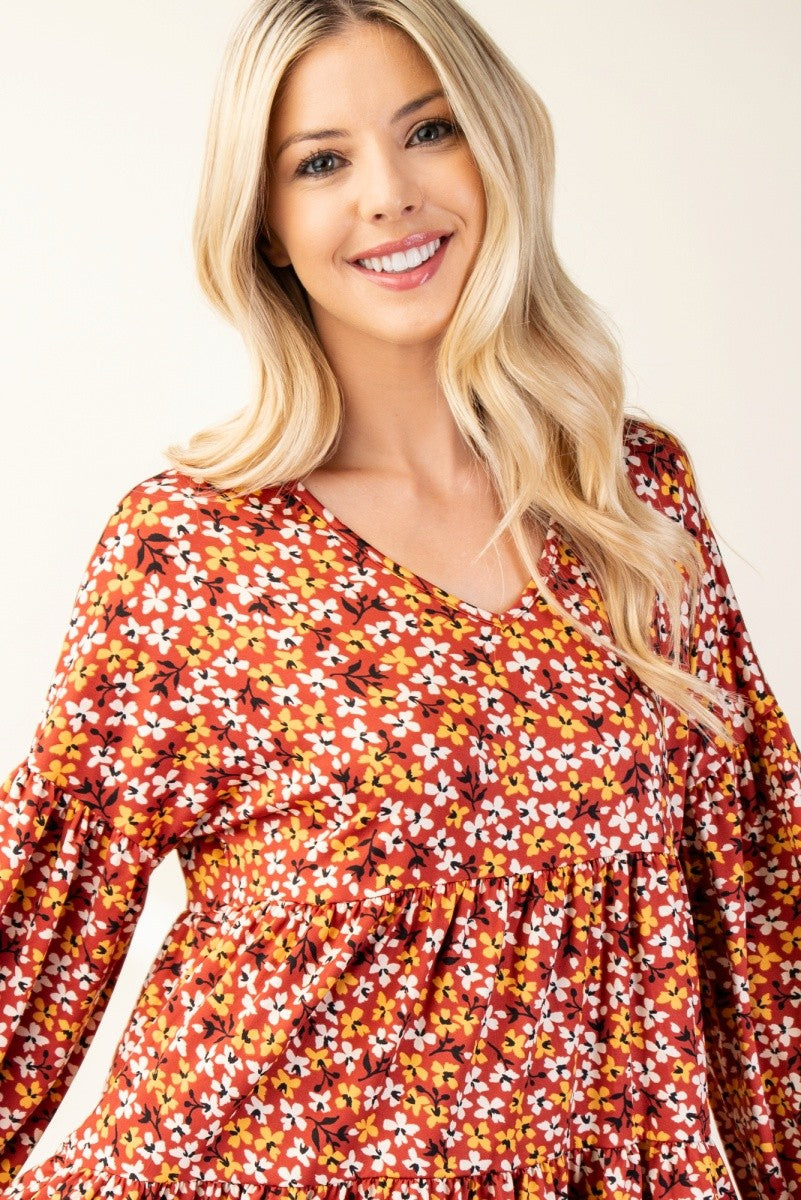 Outfit Flow - Celeste Full Size Floral V-Neck Balloon Sleeve Blouse