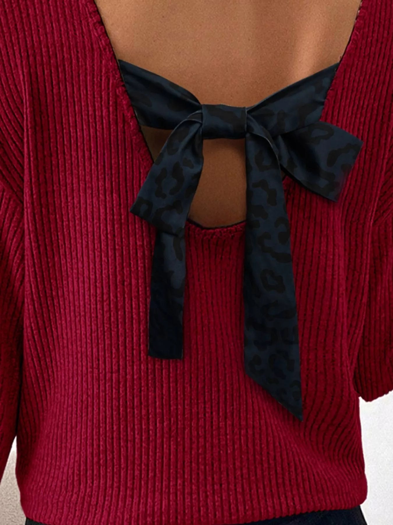 Ribbed V Neck Contrast Ribbon Bow Back Drop Shoulder Long Sleeve Top OutfitFlow