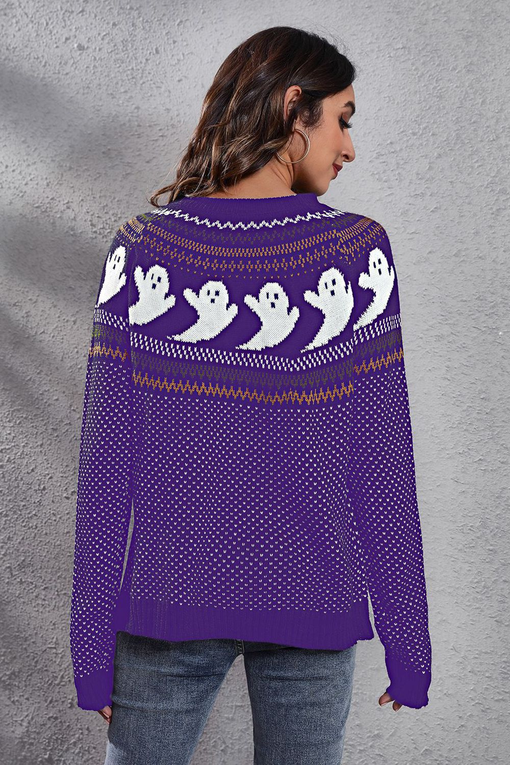 Ghost Pattern Round Neck Long Sleeve Sweater OutfitFlow