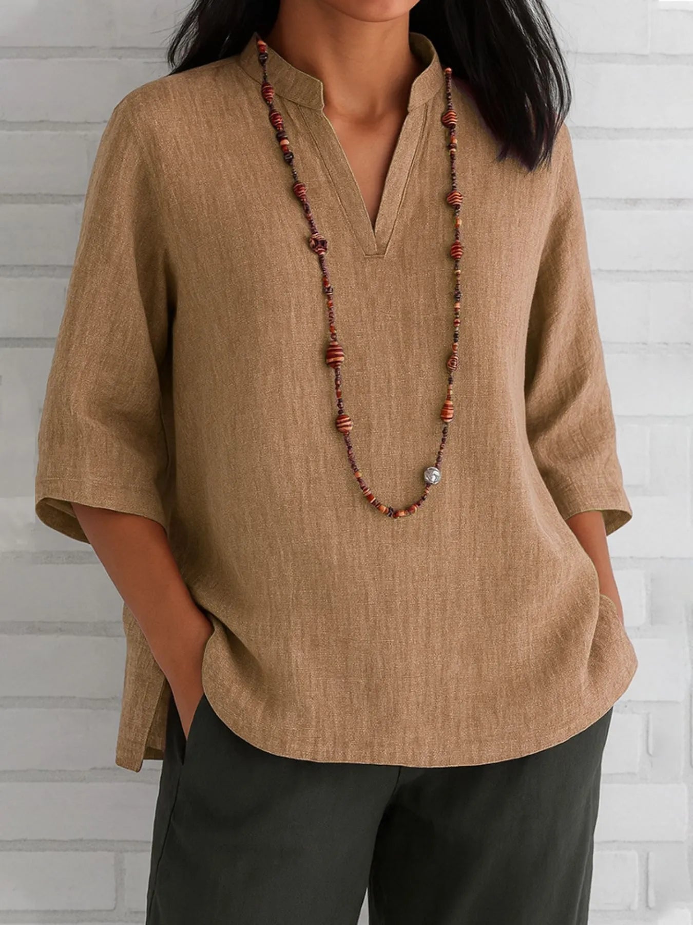 Full Size Notched Three-Quarter Sleeves Blouse Plus Size Tan OutfitFlow