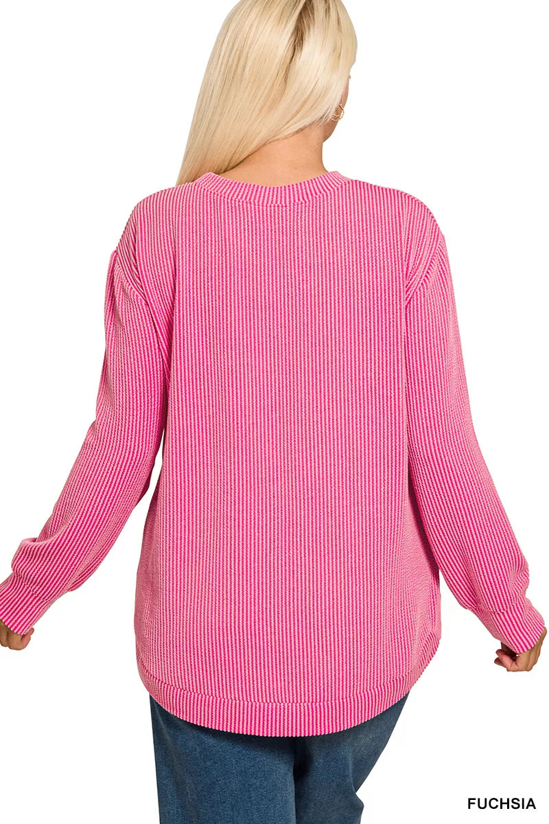 Zenana Full Size Raised Rib Round Neck Long Sleeve Top Plus Size OutfitFlow