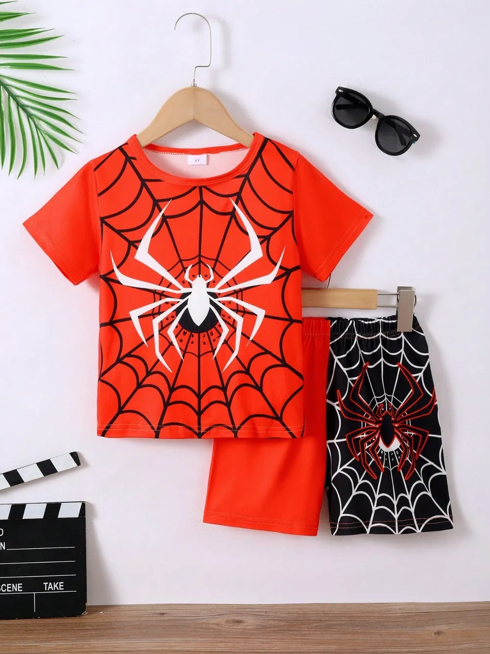 Children's Spider Round Neck Short Sleeve T-Shirt and Pants Set Red OutfitFlow