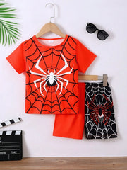 Children's Spider Round Neck Short Sleeve T-Shirt and Pants Set Red OutfitFlow