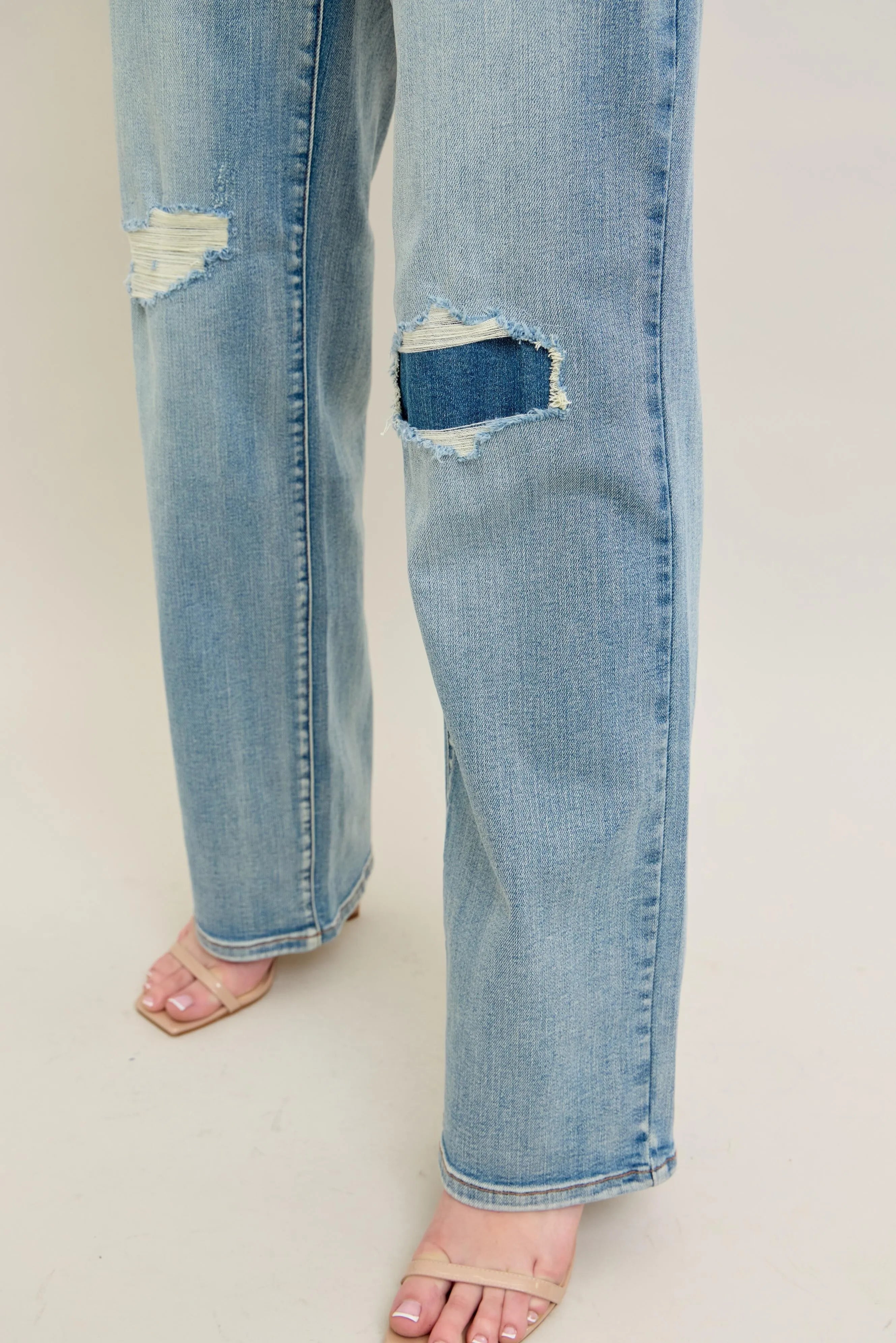 Judy Blue Full Size Hw Destroy & Knee Patch Straight Jeans Plus Size OutfitFlow