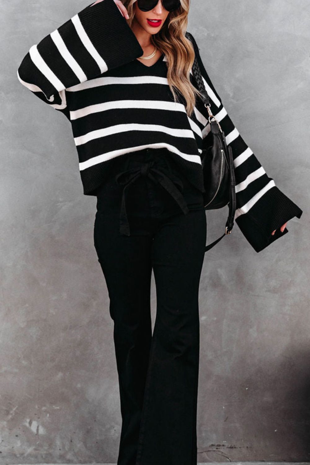 Outfit Flow - Striped Johnny Collar Long Sleeve Sweater