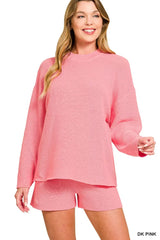 Zenana Round Neck Knit Top and Shorts Sweater Set DK PINK OutfitFlow
