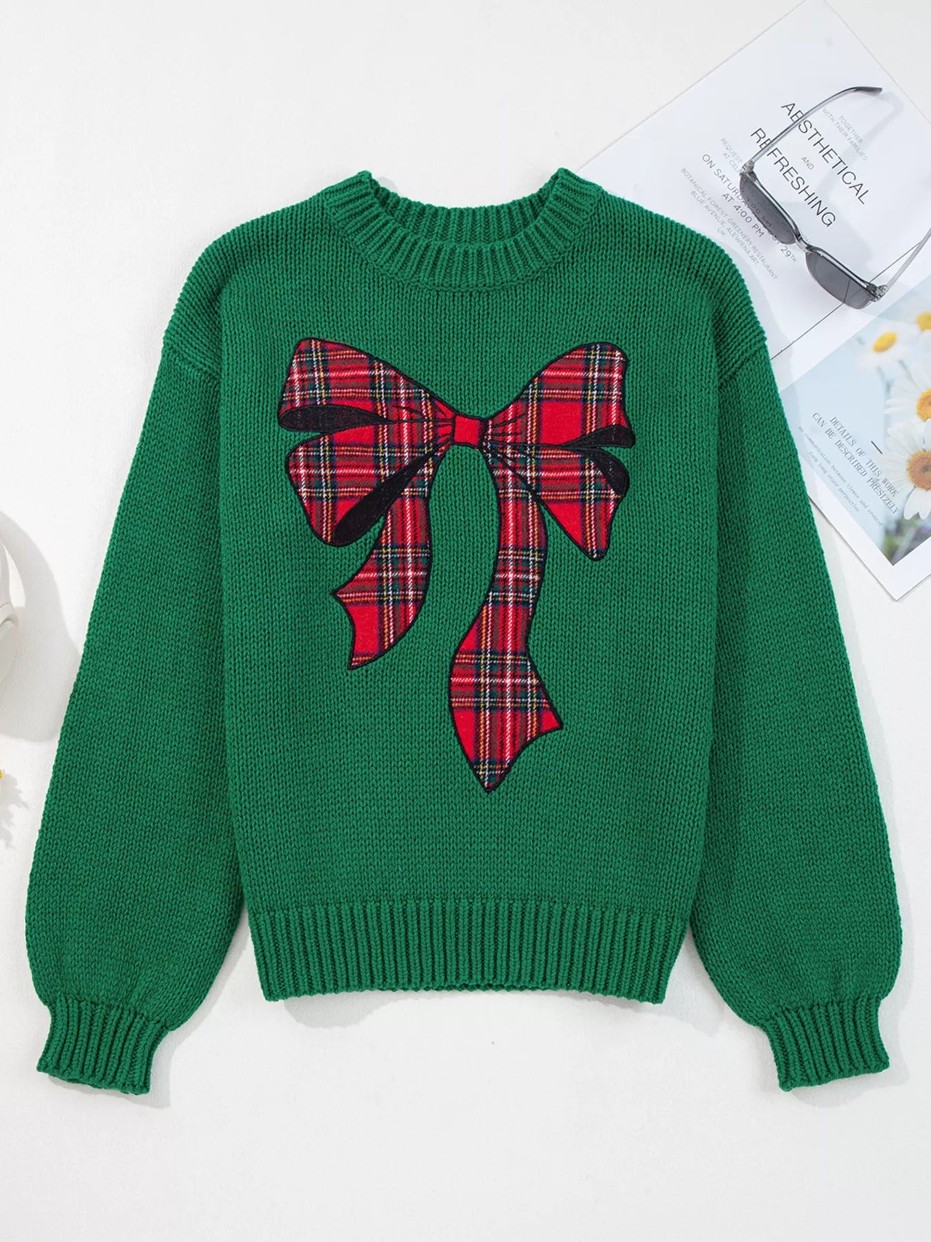 Plaid Bow Graphic Christmas Sweater OutfitFlow