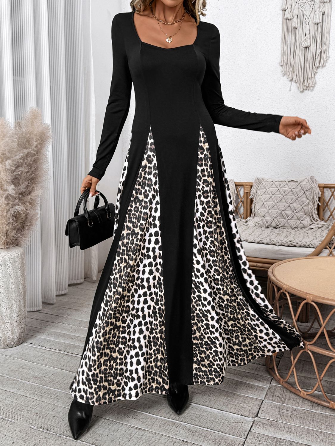 Outfit Flow - Perfee Leopard Square Neck Long Sleeve Maxi Dress