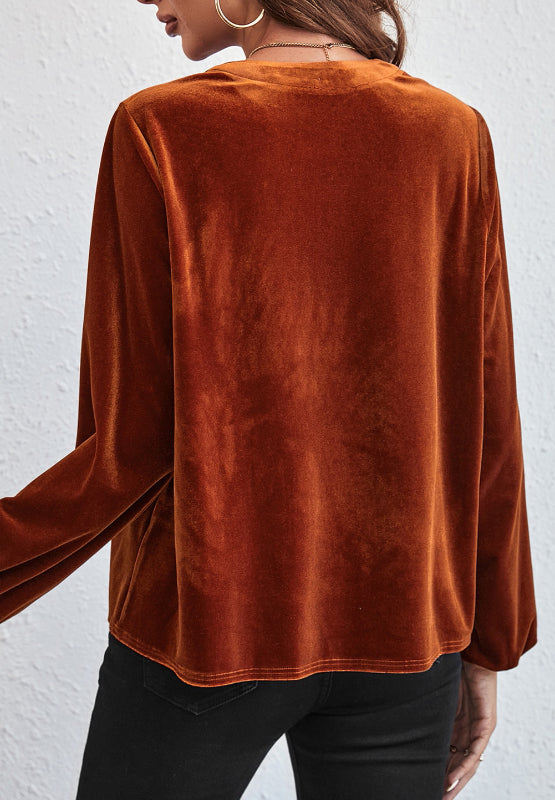 Outfit Flow - Notched Long Sleeve Velvet Top