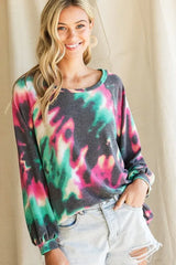 BiBi Tie Dye Print Terry Top with Puff Sleeves OutfitFlow