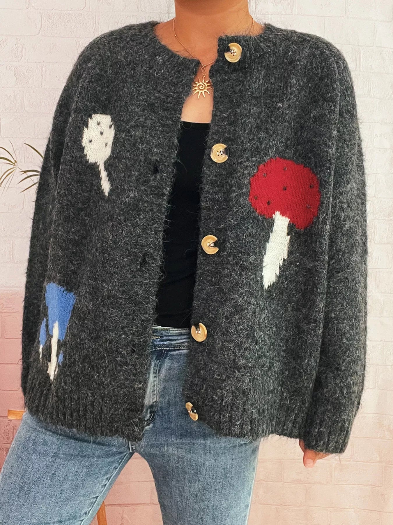 Mushroom Pattern Button-Up Cozy Knit Cardigan OutfitFlow