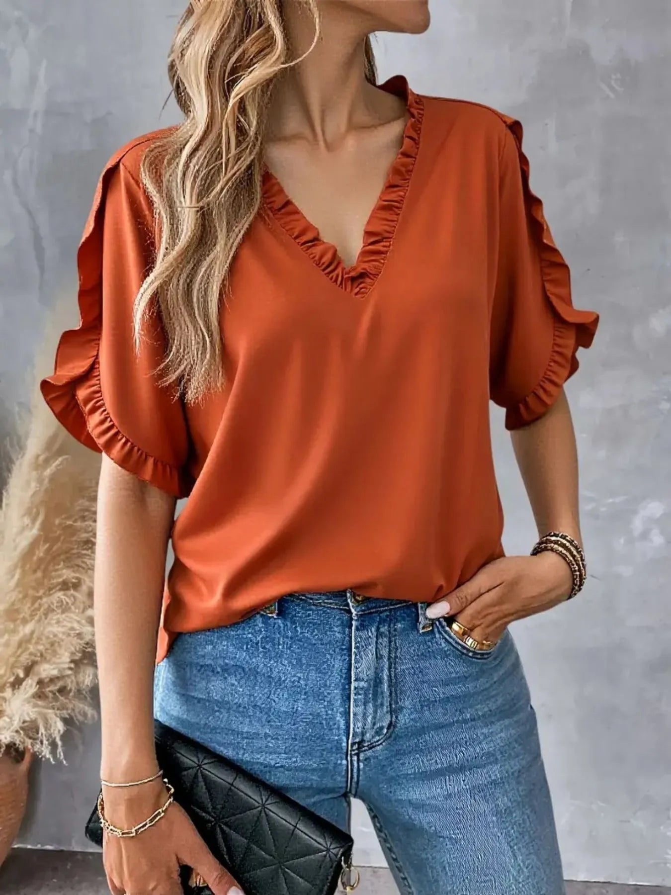 Ruffled V-Neck Short Sleeve Blouse OutfitFlow