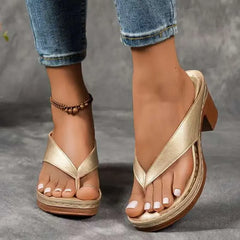 Chunky Heel Toe Post Sandals Gold OutfitFlow