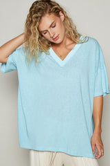 POL V-Neck Half Sleeve T-Shirt Pastel Blue OutfitFlow