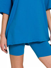 Zenana Cotton V-neck Top & Biker Shorts Set Trendsi