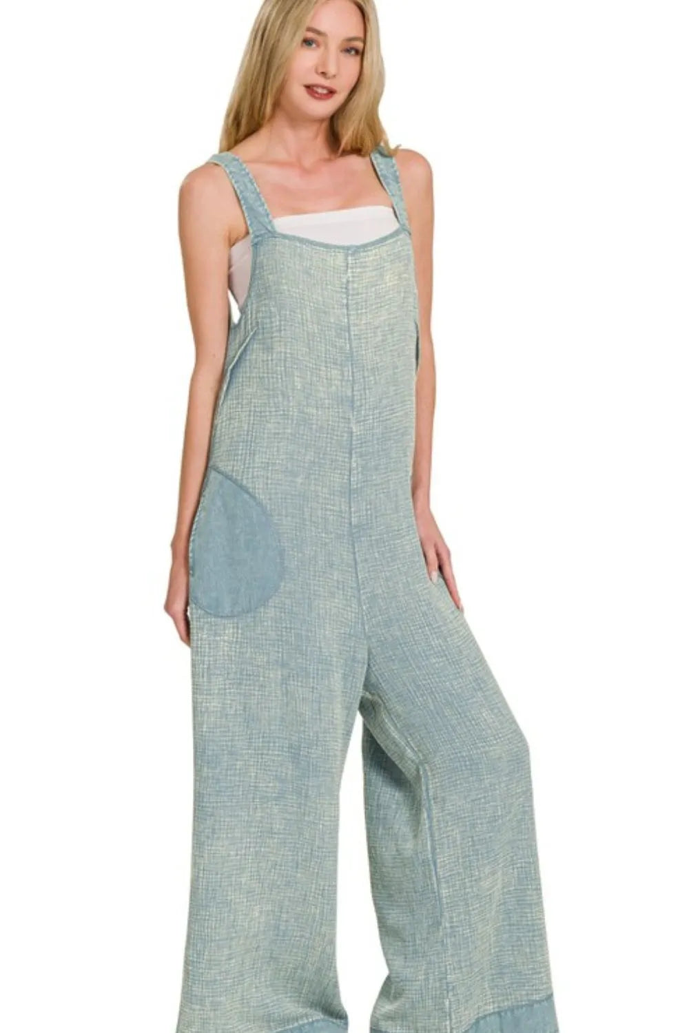 Zenana Double Gauze Washed Wide Leg Overalls BLUE GREY OutfitFlow