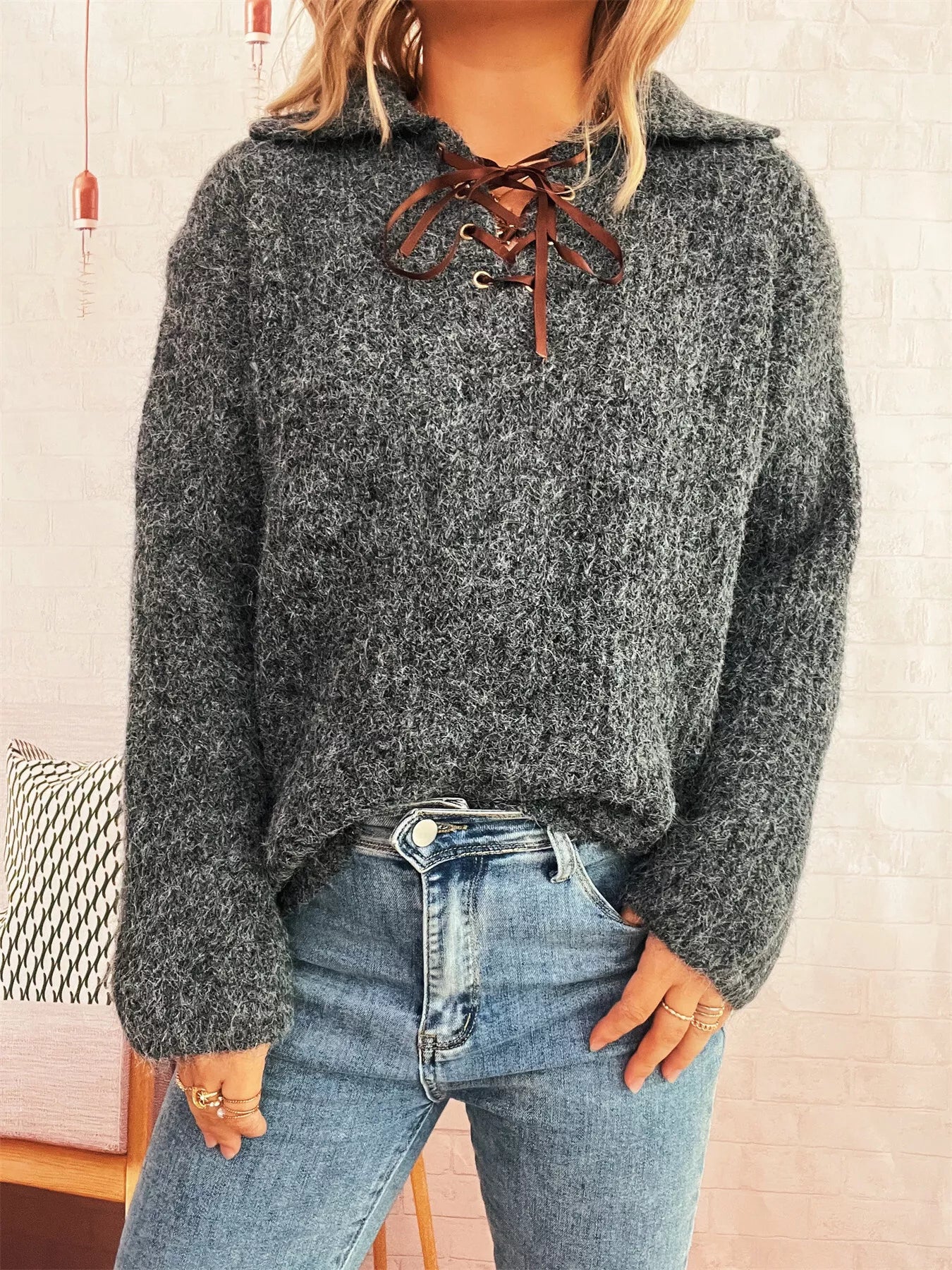 Lace Up Long Sleeve Sweater Dark Gray One Size OutfitFlow