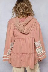 POL Embroidered Patch Hooded Jacket with Lace Detail OutfitFlow