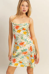 HYFVE Floral Cowl Neck Flirty Satin Mini Dress APPLE GREEN OutfitFlow