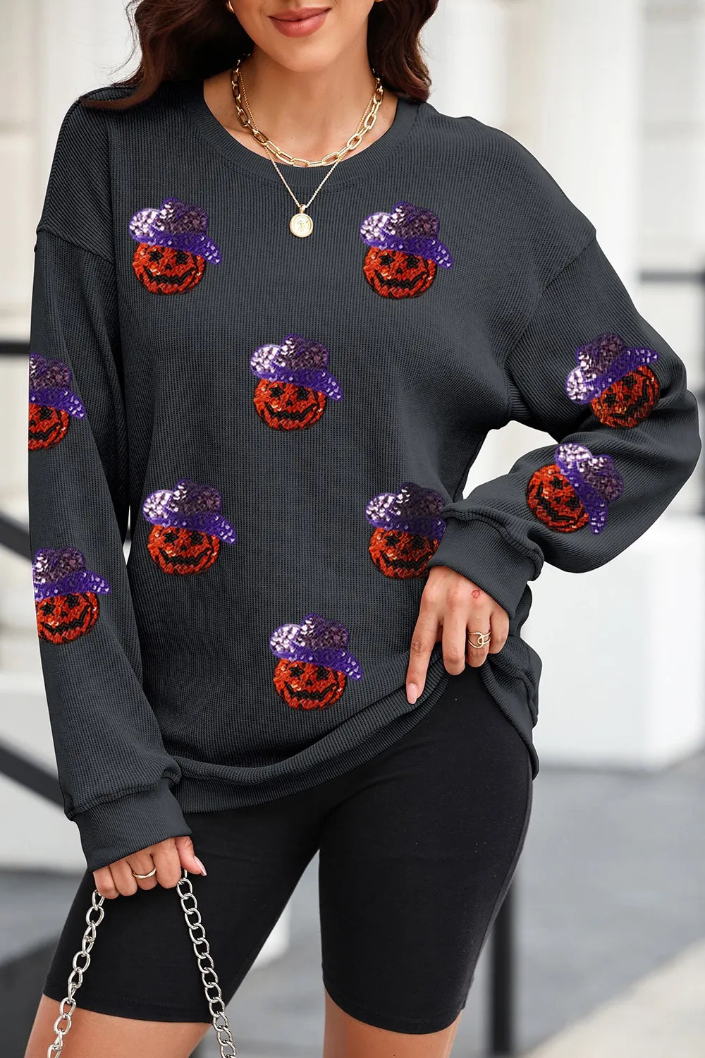 Sequin Pumpkin Long Sleeve Sweatshirt Black OutfitFlow