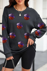 Sequin Pumpkin Long Sleeve Sweatshirt Black OutfitFlow
