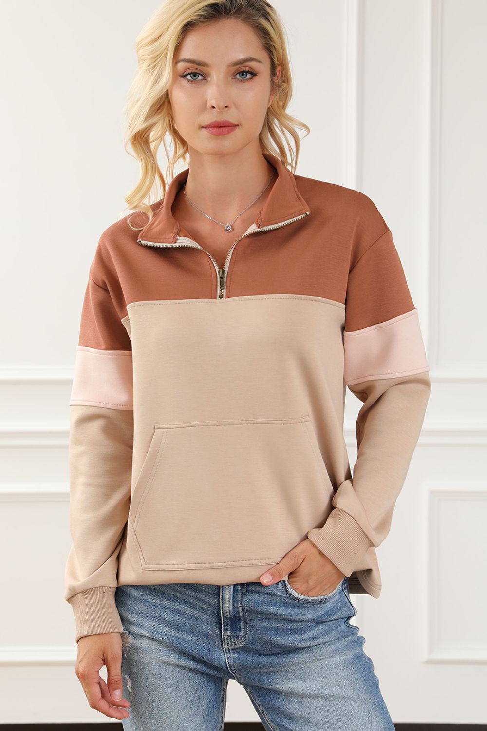 Outfit Flow - Color Block Quarter Zip Long Sleeve Sweatshirt