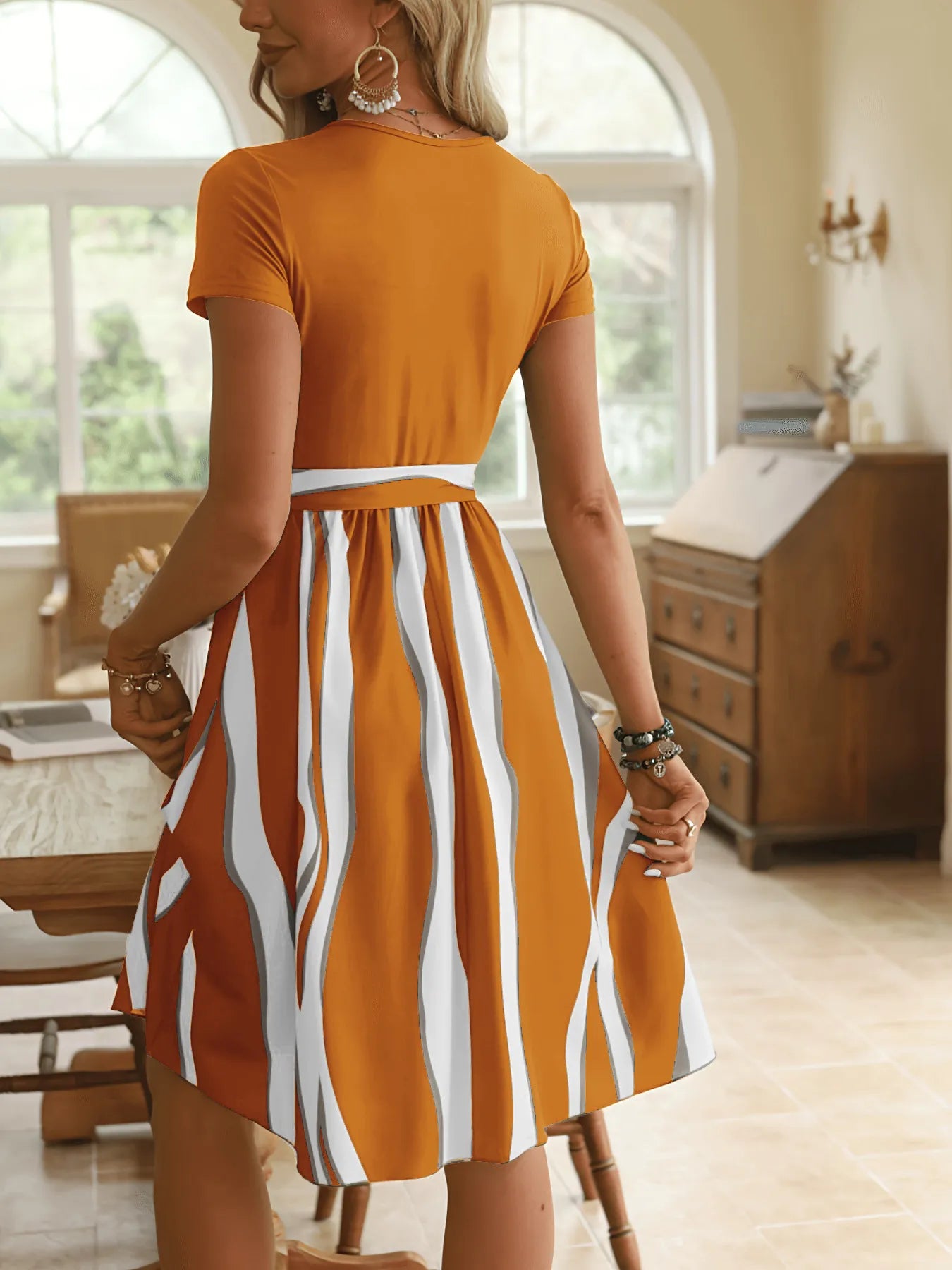 Striped Short Sleeve Tie Waist Dress OutfitFlow