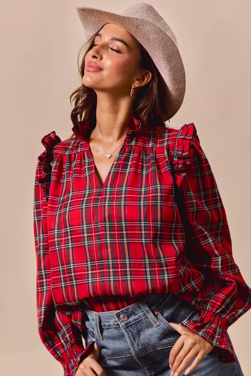 SO ME Christmas Checkered Plaid Smocked Blouse OutfitFlow