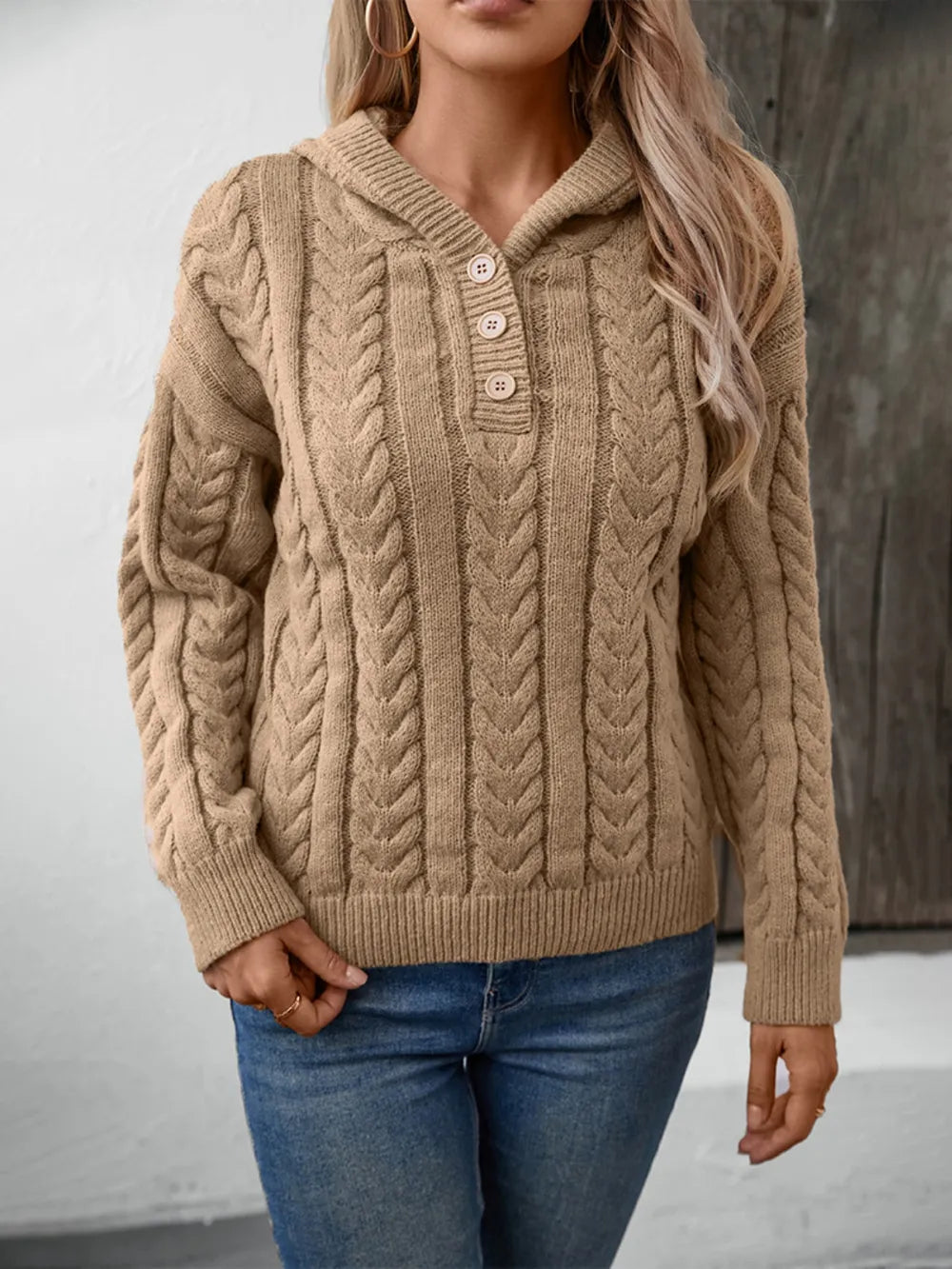 Cable-Knit Long Sleeve Hooded Sweater Trendsi
