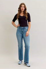 Judy Blue Full Size Mid Rise Slim Bootcut Tummy Control Release Hem Jeans Plus Size MD OutfitFlow