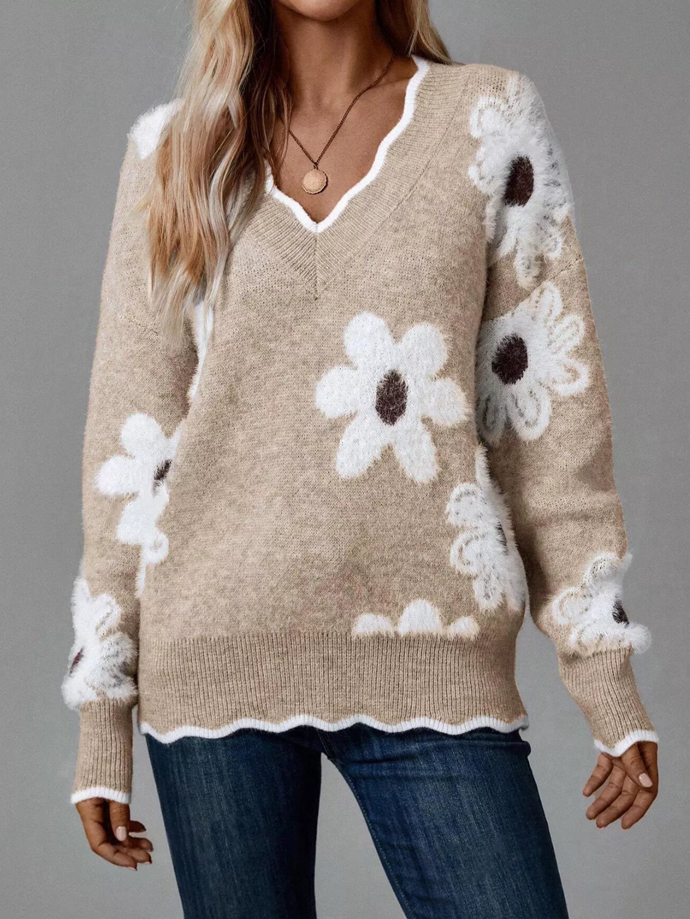 Floral V-Neck Long Sleeve Sweater OutfitFlow