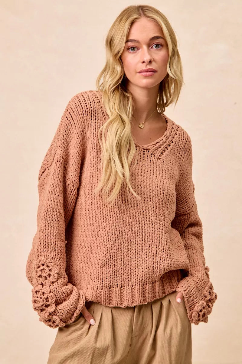 BiBi Chunky Knit Sweater with Flower Detail Sleeves OutfitFlow