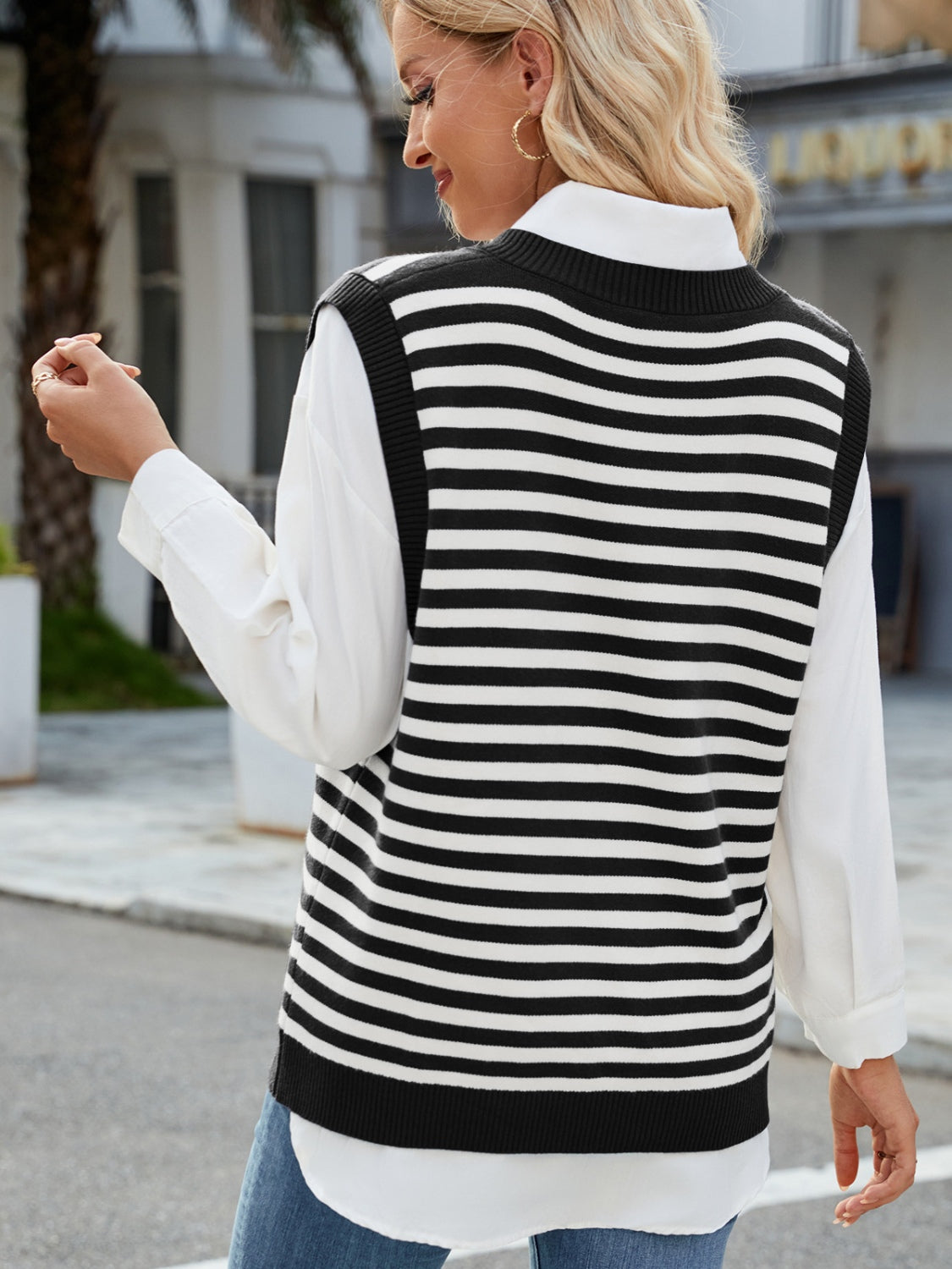 Outfit Flow - Slit V-Neck Striped Sweater Vest