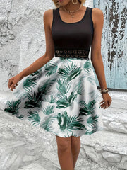 Tropical Print Sleeveless Summer Dress with Lace Waist Detail OutfitFlow
