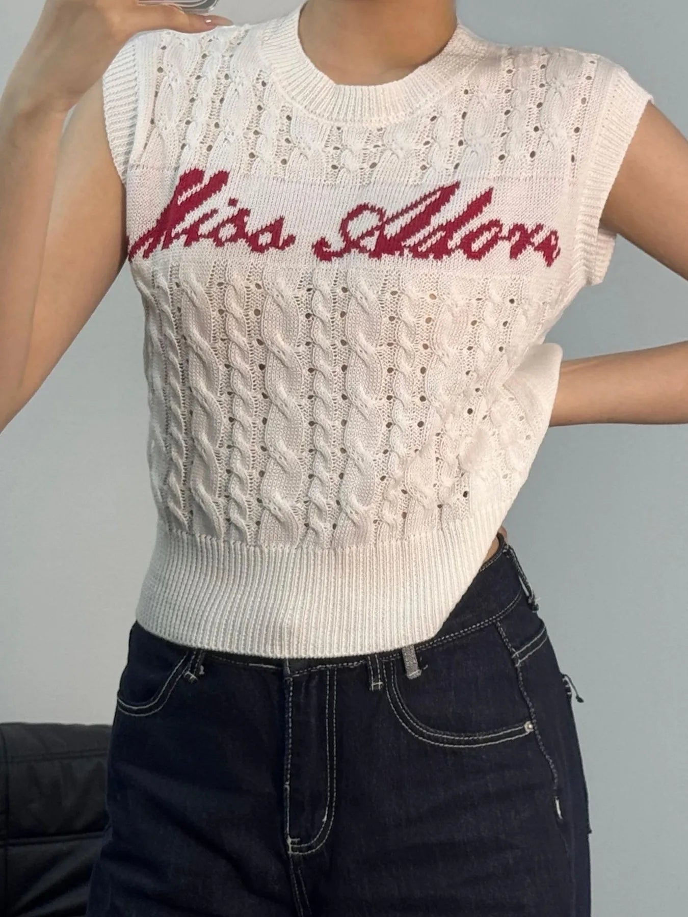 Cable Knit Round Neck Sweater Vest OutfitFlow