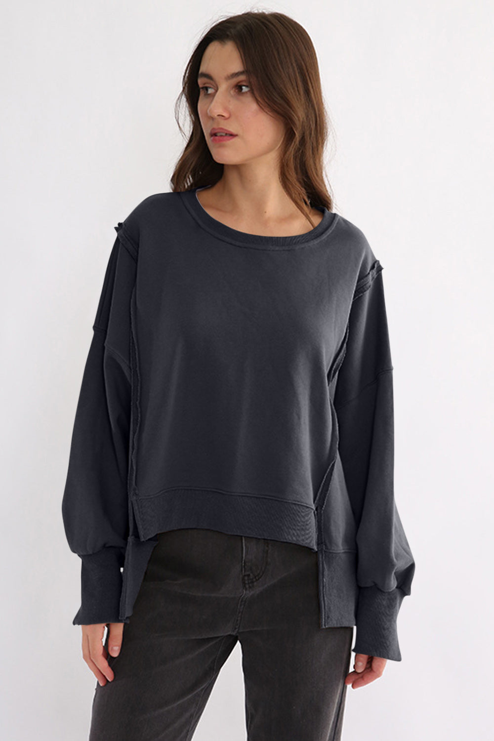 Outfit Flow - Exposed Seam High-Low Long Sleeve Sweatshirt