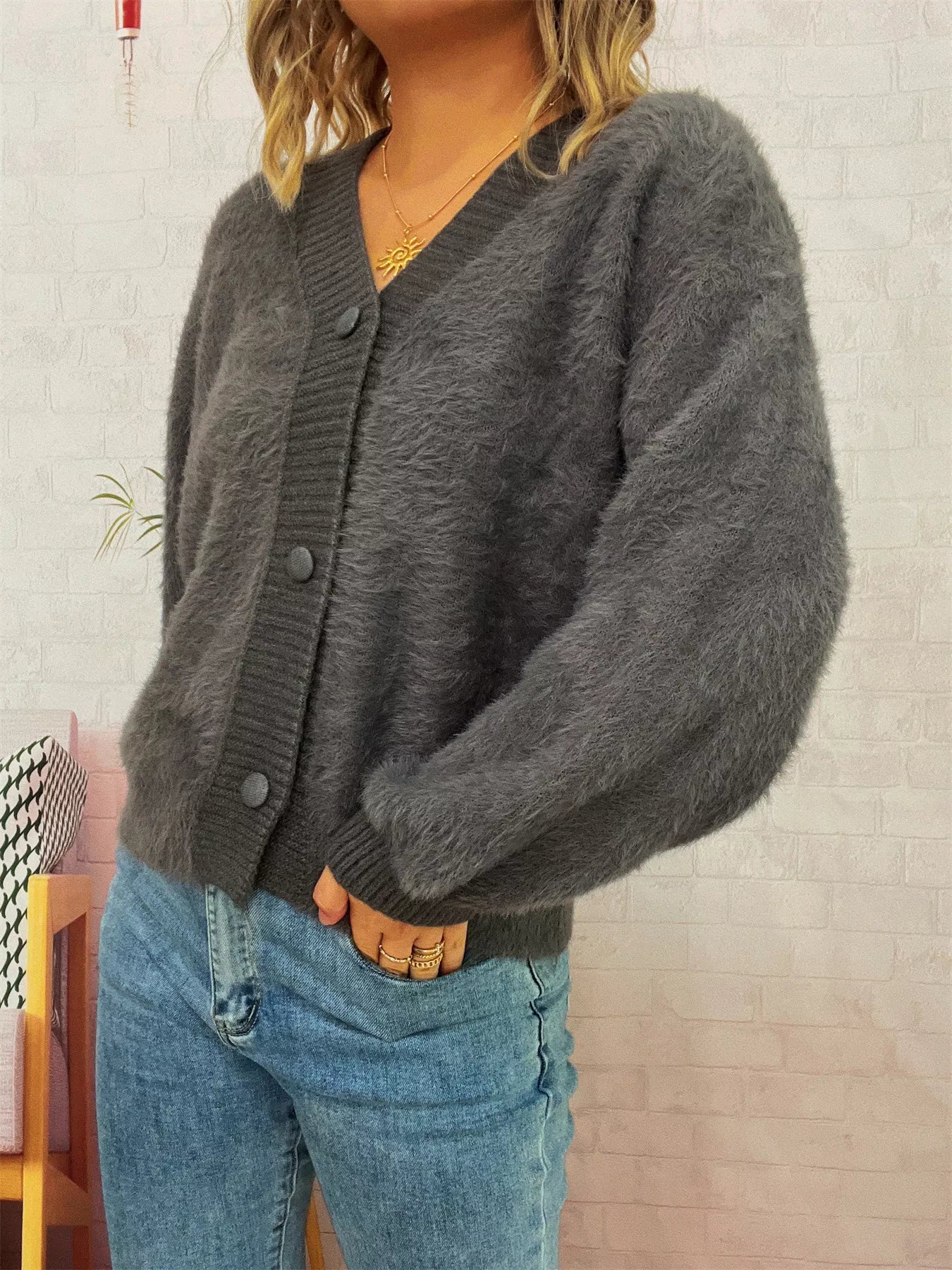 Fuzzy Button-Up Long Sleeve Cardigan OutfitFlow